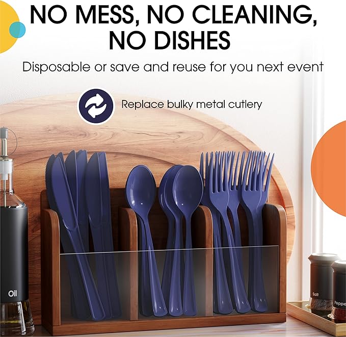 Party Solids Navy Plastic Knives 200 Pieces Disposable Utensils Heavy Duty Cutlery Set Flatware Silverware Party Supplies & Tableware