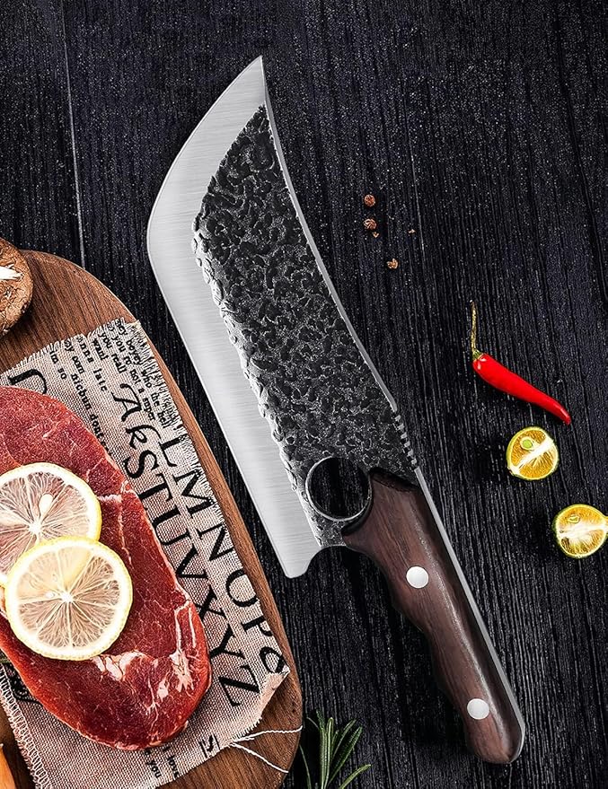 Hand Forged Meat Cleaver Knife Fathers Butcher Knives for Meat Cutting Full Tang Chef Knife with Belt Sheath and Gift Box High Carbon Steel for Kitchen or Camping, Gift for Dad