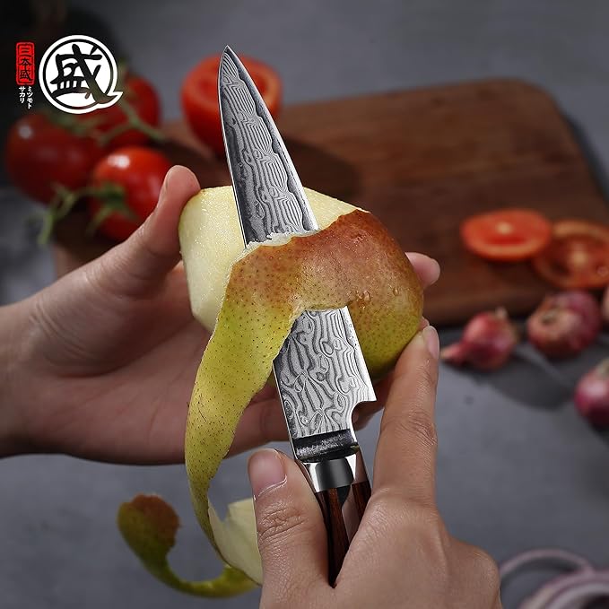 MITSUMOTO SAKARI Paring Knife 4.5 inch, S301 Damascus Steel Precision Fruit & Vegetable Knife (Hand Forged)