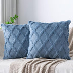 Set of 2 Soft Moroccan Throw Pillow Covers 24x24 Inch Plush Boho Decorative Pillow Cover Accent Cushion Case for Couch Sofa Bed, Grey Blue