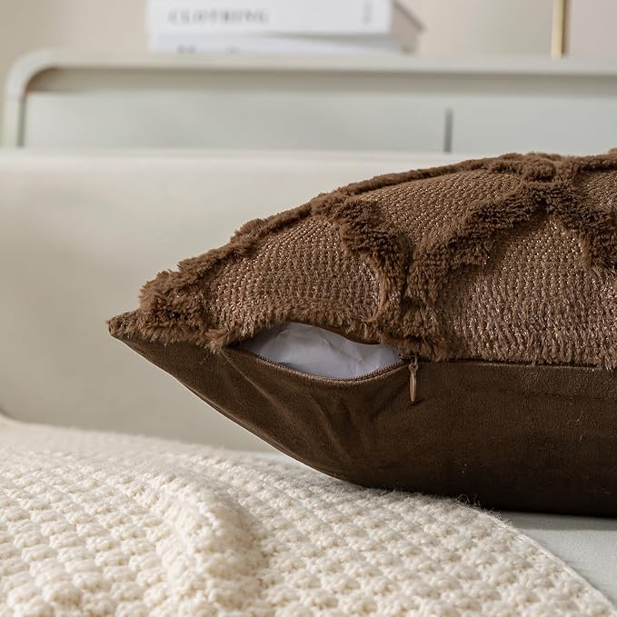 Set of 2 Soft Moroccan Throw Pillow Covers 12x20 Inch Plush Boho Decorative Pillow Cover Accent Cushion Case for Couch Sofa Bed, Deep Brown