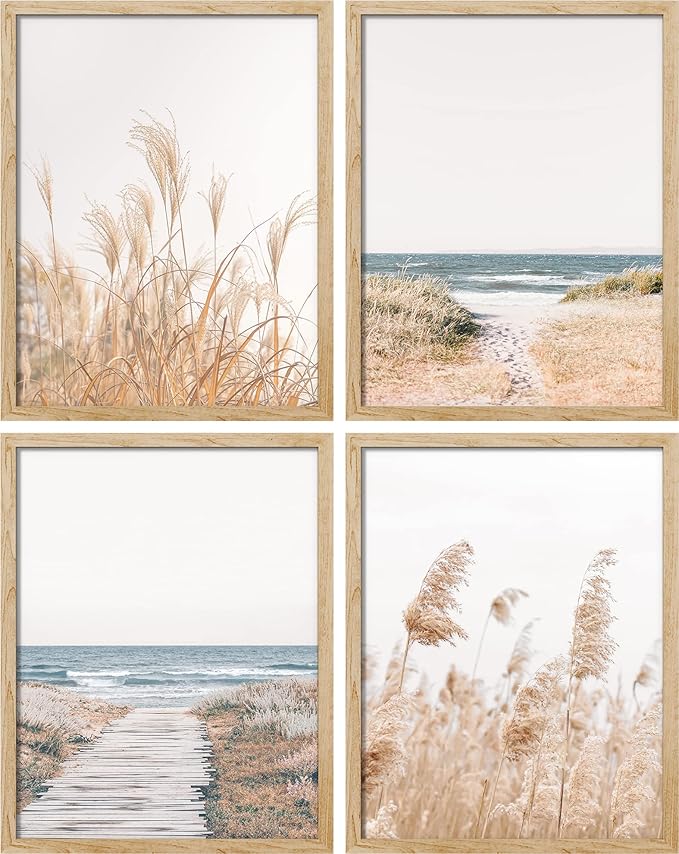 SIGNWIN Poster Bathroom Decor, Wall Art Room Decor Multicolor for Living Room, Bedroom, Office White Pampas Grass Beach Ocean Shore Horizon Nature Wilderness Realism Landscape Colorful - 12"x16"x4