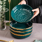 Stone Lain Florian 4-Piece Round Pasta Bowl Set, Green with Gold Rim