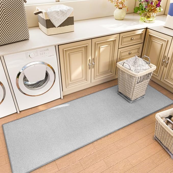 Runner Rug with Non Slip Rubber Backing, Washable Soft Floor Carpet for Kitchen, Hallway, Entryway Indoor, Bedroom, Laundry, Low Pile Area Rugs, Solid color with Pointillism style, 2*8 ft GREY