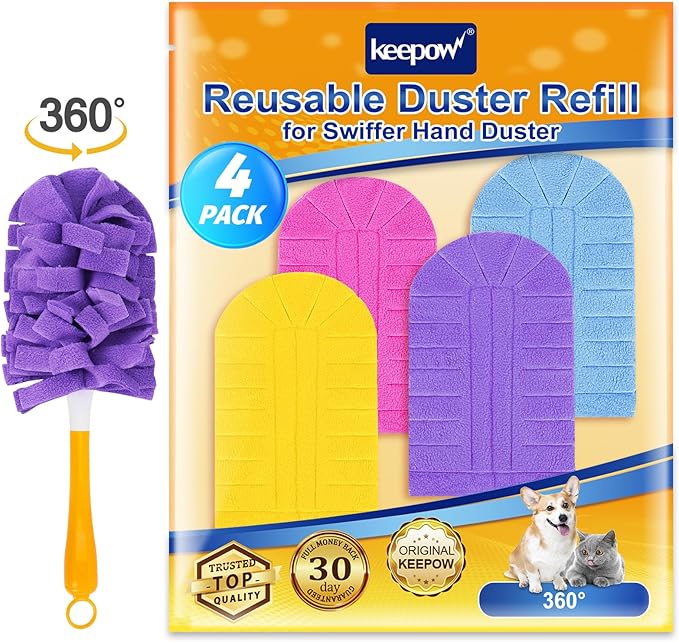 KEEPOW Reusable Duster Refill Compatible with Swiffer Hand Duster, Heavy Duty Duster Refills, 360 Degree Dusters Refills for Cleaning, Fleece Refill Ceiling Fan, 4 Pack (Handle is Not Included)