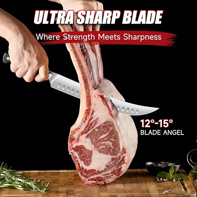 KEEMAKE BBQ Carving Knife Set - 10" Butcher Knife & 10" Honing Rod Slicing Knife Set for Meat Cutting Razor Sharp German Steel with Ergonomic Handle Full Tang Design Gift Box Included