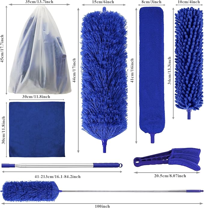 Dusters for Cleaning, 9 in 1 Kit 100” Feather Duster with Extension Pole, Retractable Bendable Washable, Cobweb Duster Chenille Gap Dust Brush Blind Duster for Cleaning High Ceiling Fans