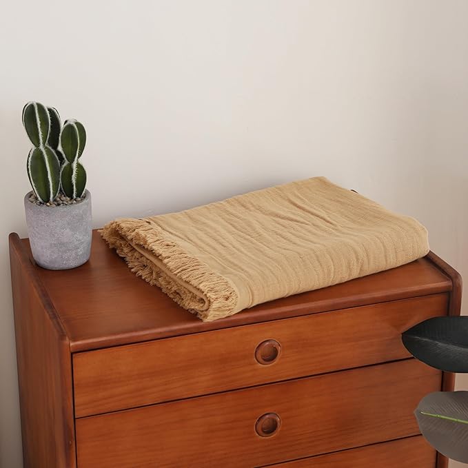 100% Cotton Muslin Throw Blanket for Bed, Couch, Small, Decorative, Soft, Pre-Washed, Breathable and Lightweight Gauze Blanket with Tassels, Suitable for All Seasons, Sand, 50"x60"
