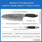Chef's Knife, 7” Japanese Damascus Chefs Knife, Classic Light Kitchen Knife, Hand Forged Black Japanese chef knife, Professional Sharp Cooking Knife, Full Tang & Ergonomic ABS Handle Design
