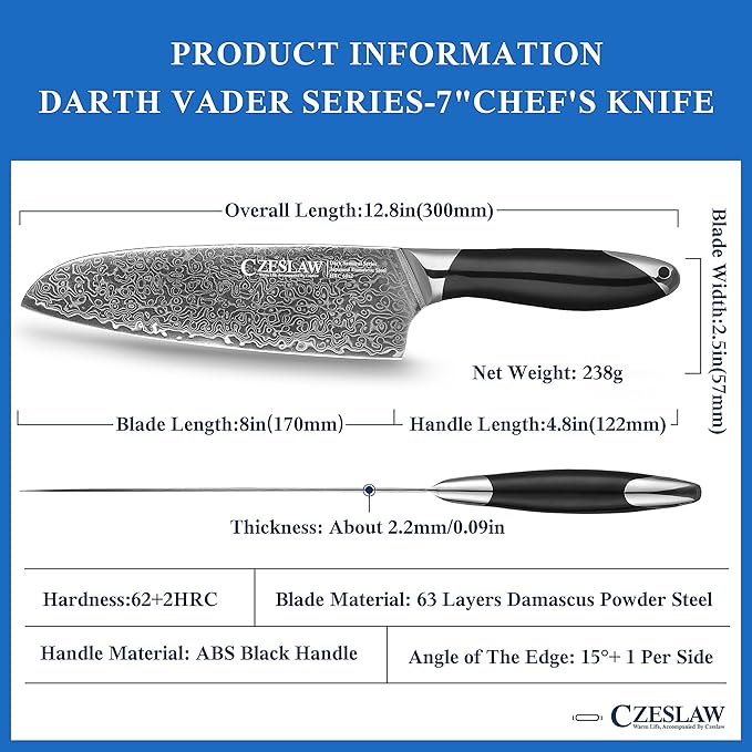 Chef's Knife, 7” Japanese Damascus Chefs Knife, Classic Light Kitchen Knife, Hand Forged Black Japanese chef knife, Professional Sharp Cooking Knife, Full Tang & Ergonomic ABS Handle Design