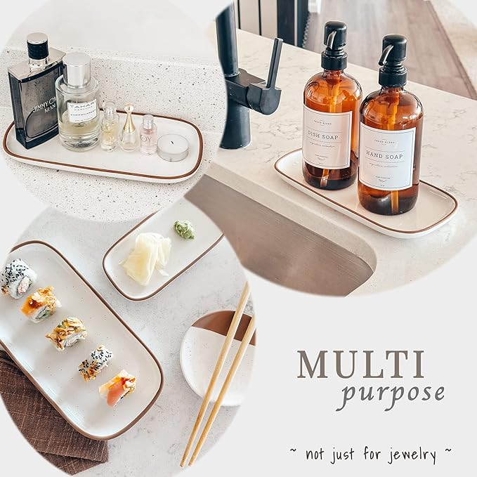 Mora Ceramic Decorative Tray - Rectangle 10in Dish for Jewelry, Soap Dispenser, Perfume, Makeup, Accessories, Candle, in The Bathroom Vanity, Bedside, or Kitchen Counter. Cute Organizers - White