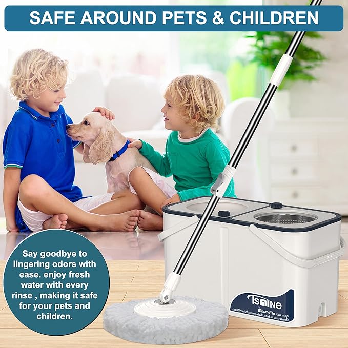 Spin Mop and Bucket System, Mop and Bucket Separate Clean and Dirty Water,4-Chamber Hardwood Floor Mop Household Cleaning Tools with 8 Microfiber Replacement Head Refill