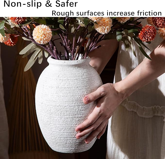 8 Inch White Ceramic Vase - Rustic Vintage Decorative Vase for Home - Farmhouse Pottery Vase for Flowers - Modern Vintage Dining Table Centerpiece， Lyeec Vases Set