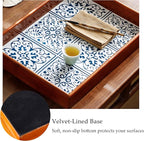Rustic Wooden Frame Tray with Iron Printed Blue White Pattern, Mediterranean Style Decorative Serving Tray, Velvet Lined Base, Multi-Layer Construction for Home Decor and Organizing 15.6"x11.6"x2.2"