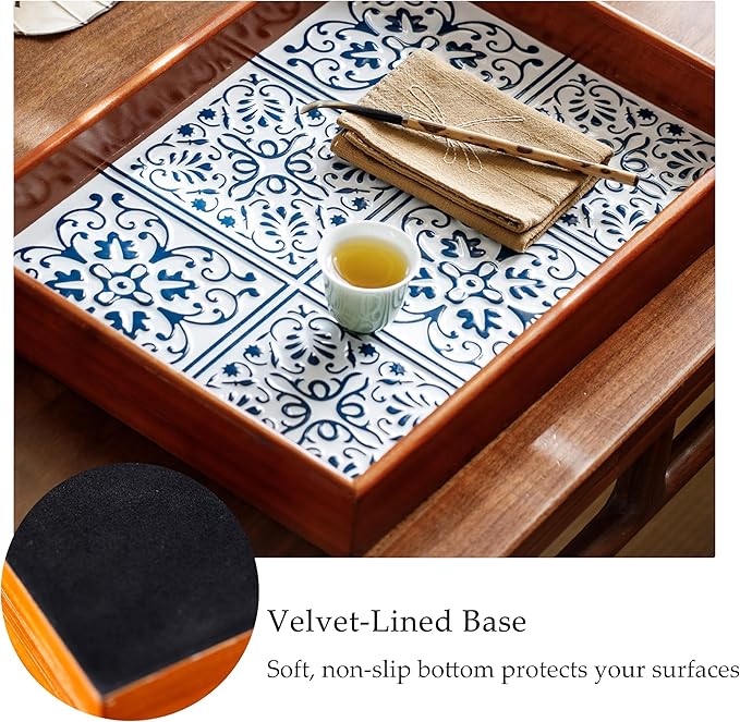 Rustic Wooden Frame Tray with Iron Printed Blue White Pattern, Mediterranean Style Decorative Serving Tray, Velvet Lined Base, Multi-Layer Construction for Home Decor and Organizing 15.6"x11.6"x2.2"