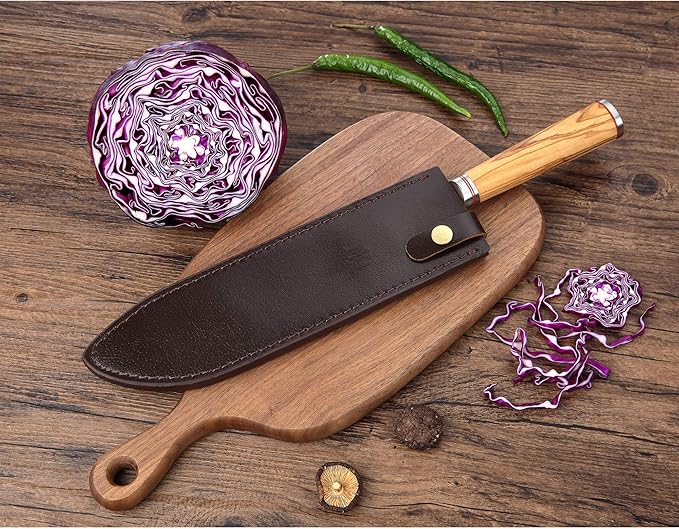YOUSUNLONG Breaking Knife Bull Nose Pro Butcher Knife 10 Inch Japanese Damascus Steel Italian Olive Wood Handle with Leather Sheath