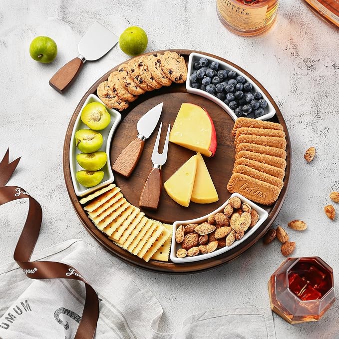 Shanik Acacia Wood Lazy Susan Cheese Board Set – Rotating Charcuterie Platter, Elegant Serving Tray for Appetizers, Snacks, Parties & Weddings