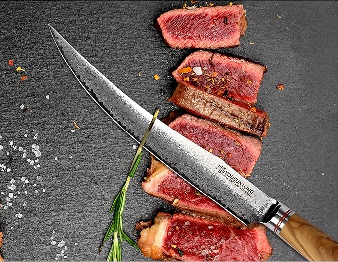 YOUSUNLONG Slicing & Carving Knife -10''(25.4cm) - Damascus Steel - Japanese Hammered Super Steel - Razor Sharp - Italian Olive wood Handle With Leather Sheath -Ham Slicer- Slicing Cleaver