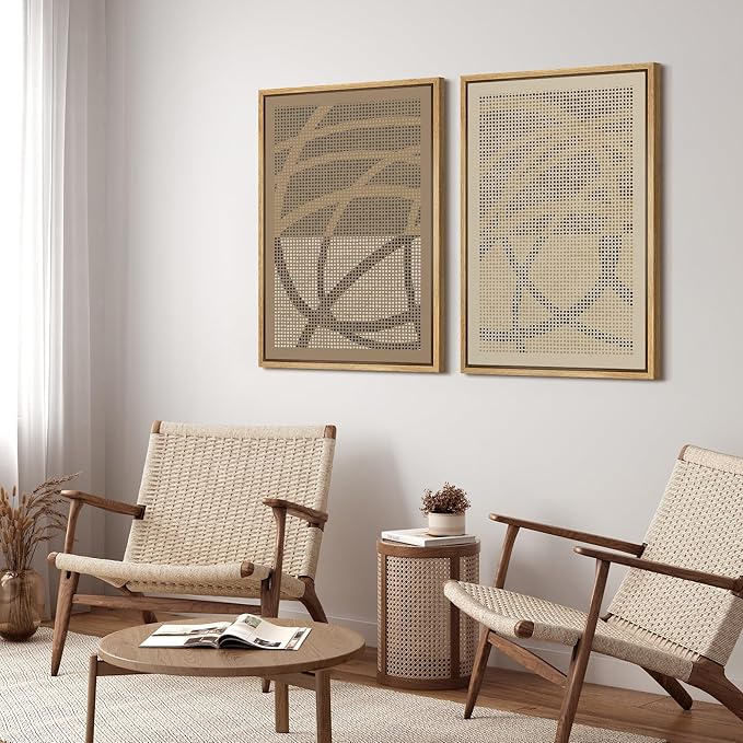 SIGNFORD Framed Canvas Print Wall Art Set Geometric Dot Patterns Earthy Beige and Brown Contrast Illustration Modern Art Decorative Nordic Nature for Living Room, Bedroom, Office - 24"x36"x2 Natural