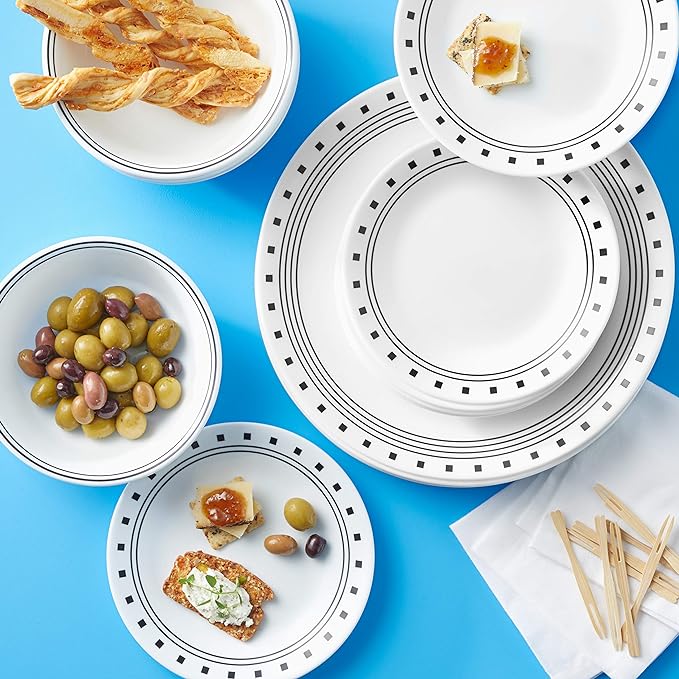 Corelle Vitrelle 18-Piece Service for 6 Dinnerware Set Triple Layer Glass and Chip Resistant, Lightweight Round Plates and Bowls Set, City Block