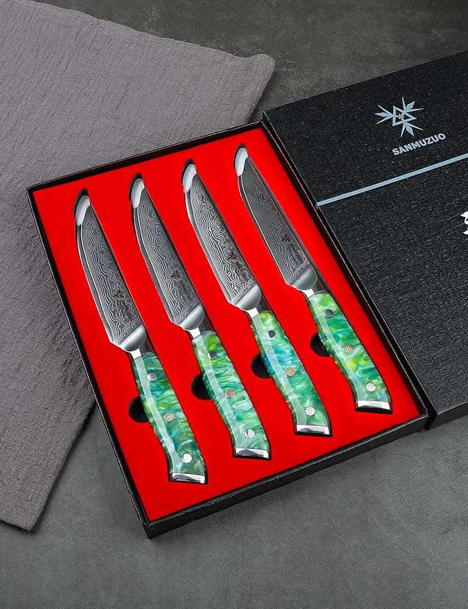 Steak Knives Set of 4, Ultra Sharp Non Serrated Kitchen Steak Knife 5 Inch - Damascus Steel & Resin Handle - Xuan Series(Jade Green)