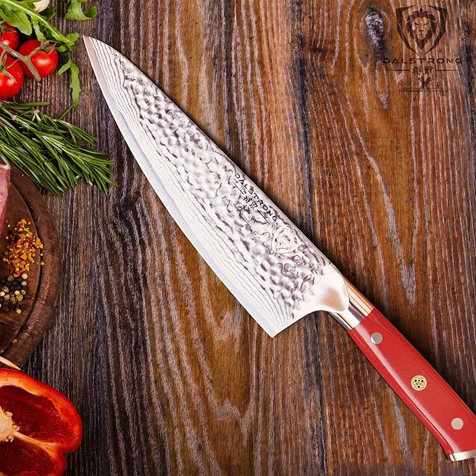 Dalstrong Chef Knife - 8 inch Blade - Shogun Series - Japanese AUS-10V Super Steel Kitchen Knife - Crimson Red Handle ABS - Damascus - Razor Sharp Knife - Professional Full Tang Knives - Sheath