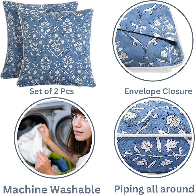 Ridhi Hand Block Print 18x18 Baby Blue Decorative Outdoor Couch Throw Canvas Pillow Cover Set of 2 Washable Modern Vintage Boho Chic Spring Home Decor Gifts Cover