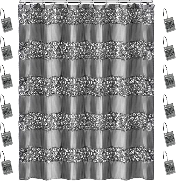 Zahari Home Sinatra 13pc Bathroom Shower Curtain Set - Classic Luxury Fabric Curtains with Unique Design & 12 Hooks