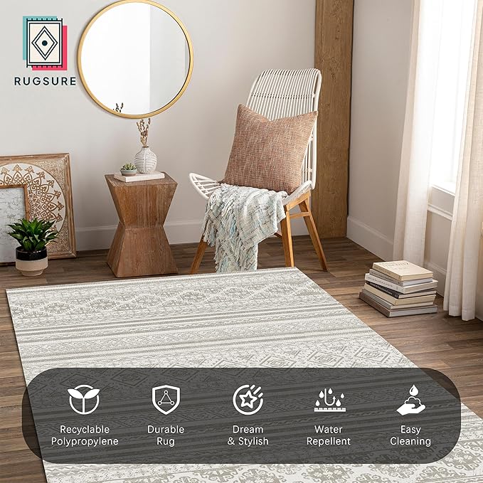 RUGSURE Washable Area Rugs 8' x 10' - 1/6 Thick - Moroccan-Inspired -Stain & Water Resistant Non-Slip - Resistant Rug for Living Room, Bedroom, Nursery, Pet & Child Friendly (Grey)