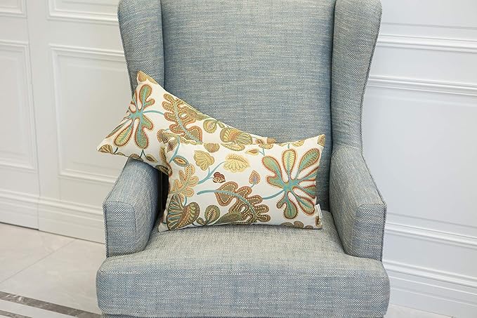 Mika Home Set of 2 Jacquard Tropical Leaf Pattern Oblong Throw Pillow Covers Accent Pillowcase 12X20 Inches,Teal Cream
