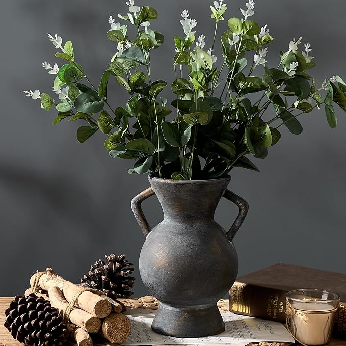 LUKA Antique Ceramic Vase with 2 Handle,9.25 inches Rustic Vase Minimalist Decor, Decorative Vases for Home Decor, Table, Living Room, Shelf, Christmas Decoration(Large,Black)
