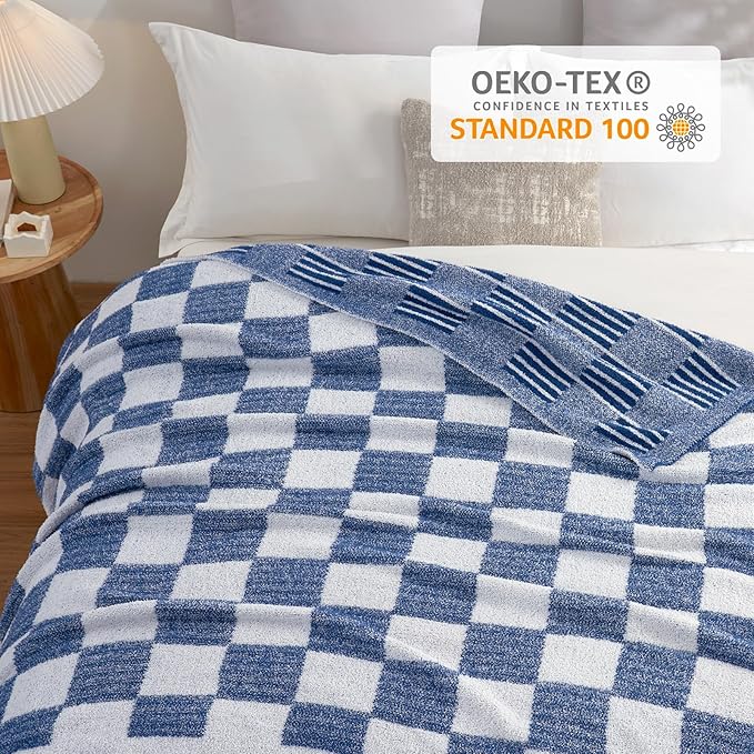 Snuggle Sac Navy Faux Fur Checkered Blanket Twin Size with Soft Knitted Microfiber Fabric,Fluffy Soft Warm Blanket for Sofa Bedroom,Cute Lightweight Striped Throws for Women,Heather Navy,60x80 inches