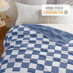 Snuggle Sac Navy Faux Fur Checkered Blanket Twin Size with Soft Knitted Microfiber Fabric,Fluffy Soft Warm Blanket for Sofa Bedroom,Cute Lightweight Striped Throws for Women,Heather Navy,60x80 inches