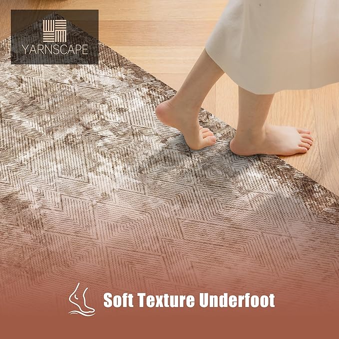 9' x 12' Washable Area Rug - Low Pile Soft Vintage Indoor Rug for Living, Dining or Bedroom - Lightweight Carpet with Non-Slip Backing - Foldable for Easy Placement, Brown