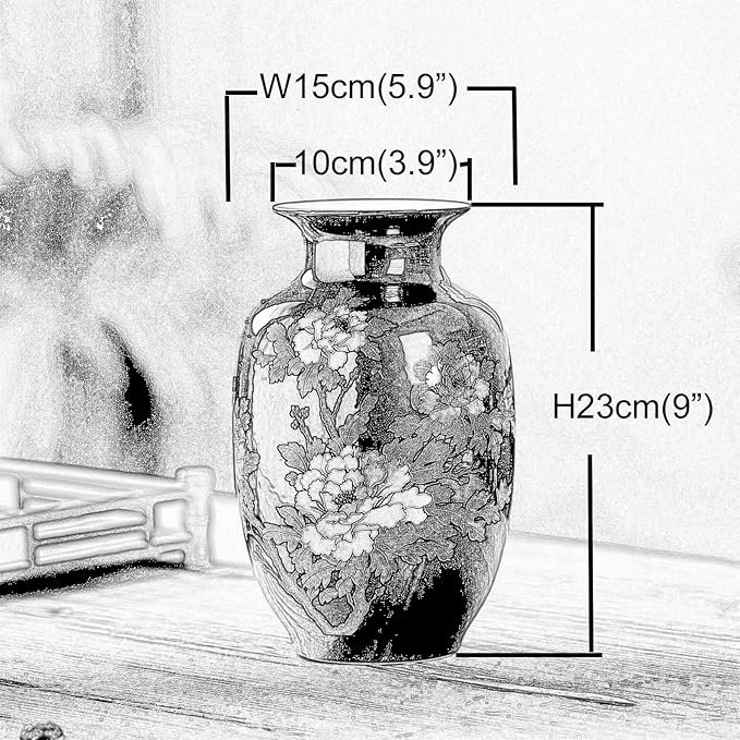 Red Vase Oriental Ceramic Flower Vases Decorated with Peony Design for Home Living Room Ornaments and Wedding Tall 9''