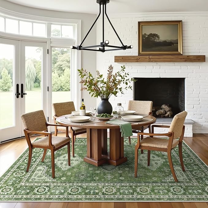 GENIMO Washable Rug 8X10 Area Rugs for Living Room Bedroom, Machine Washable Area Rug, Print Vintage Tribal Aesthetic Carpet, Low Pile Mat with Non Slip Rubber Backing, Distressed Green