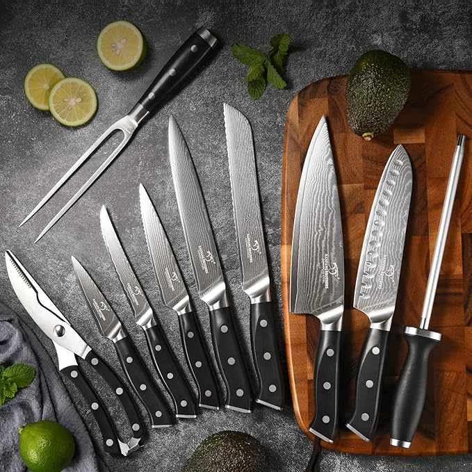 NANFANG BROTHERS Damascus Kitchen Knife Set, 18-Piece with Block, Ergonomic Handles, Carving Fork, Sharpener, Shears