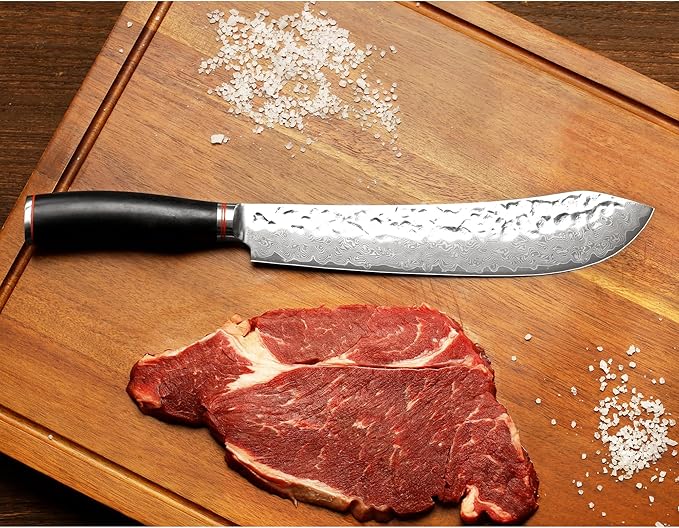 YOUSUNLONG Breaking Knife Bull Nose Butcher Knife 8" Japanese 67 Layers Hammered Damascus Steel with Natural Leadwood Handle