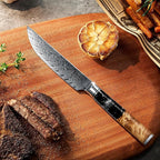 SENKEN Damascus Steak Knife Set - Black Tsunami Collection - 67-Layer Japanese VG10 Steel - Razor Sharp Non-Serrated Blades, Black Resin & Burl Wood Handles, Luxury Gift Box