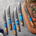 SENKEN Damascus Steak Knife Set - Tsunami Collection - 67-Layer Japanese VG10 Steel - Razor Sharp Non-Serrated Blades, Blue Resin & Natural Wood Pattern Handles, Luxury Gift Box (4 Steak Knife Set)
