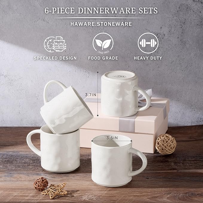 HaWare 14OZ Coffee Mugs Set of 6, Stoneware Coffee Cups with Handle, Latte Mug for Man, Woman, Dad, Mom, Modern Tea Mugs for Latte/Cappuccino/Cocoa/Milk, Dishwasher& Microwave Safe, Speckled White
