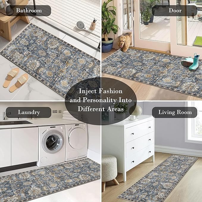 RUGSURE Washable Area Rugs - Perfect for Living Room, Bedroom, Kids Room, Nursery - Stain & Water Resistant Non-Slip, Pet & Child Friendly, Vintage Tribal Area Rugs (Navy, 2'6'' x 8')