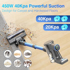 Zefiro Cordless Vacuum Cleaner for Home,450W /40Kpa 50Mins Stick Vacuum(No self-Standing), Anti-Tangle 1.5L Dust Cup, Rechargeable Wireless Handheld Vacuum for Pet Hair/Carpet/Floor,C10