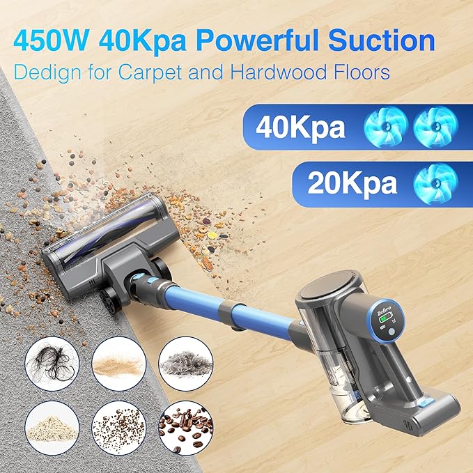 Zefiro Cordless Vacuum Cleaner for Home,450W /40Kpa Stick Vacuum with 50Mins Working Time, Anti-Tangle 1.5L Dust Cup, Rechargeable Wireless Handheld Vacuum for Pet Hair/Carpet/Floor,C10 (Gray)