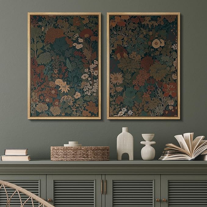 SIGNFORD Framed Canvas Print Wall Art Set Vintage Botanical Floral Dark Green and Rust Toned Illustration Modern Art Decorative Nordic Nature for Living Room, Bedroom, Office - 24"x36"x2 Natural