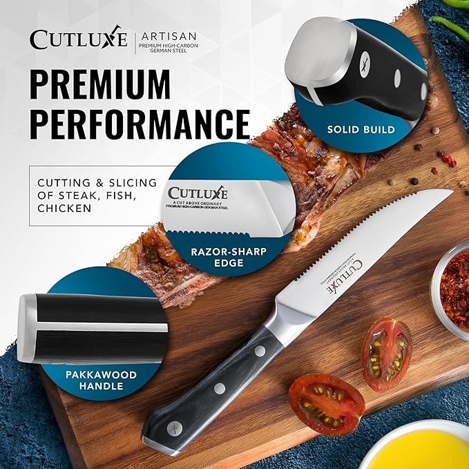 Cutluxe Steak Knives Set of 6, Serrated Steak Knives – Forged High Carbon German Steel, Full Tang, Ergonomic Handle Design – Artisan Series