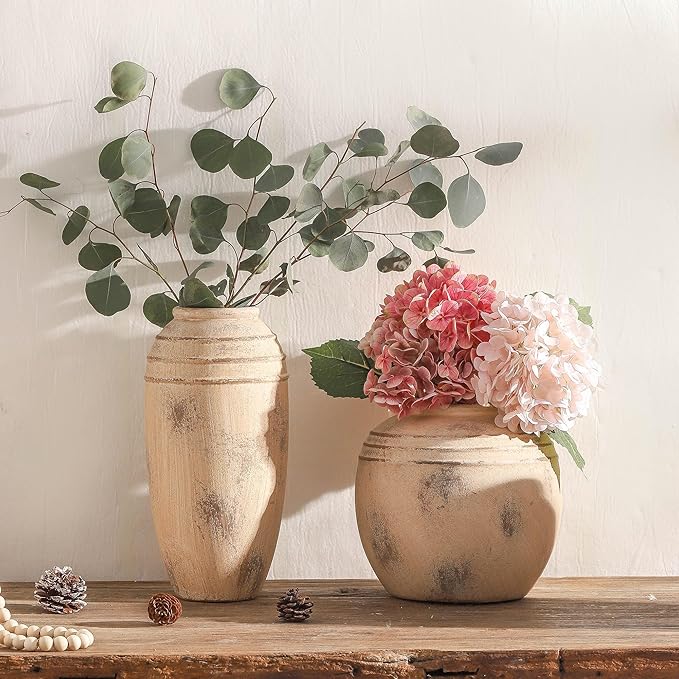 Ceramic Flower Vase, 8.66 inch Tall Round Rustic Farmhouse Decorative Vase for Home Decor, Living Room Entryway Table Centerpiece Decor