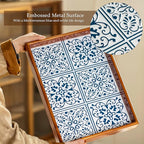 Rustic Wooden Frame Tray with Iron Printed Blue White Pattern, Mediterranean Style Decorative Serving Tray, Velvet Lined Base, Multi-Layer Construction for Home Decor and Organizing 15.6"x11.6"x2.2"