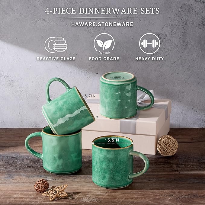 HaWare 14OZ Coffee Mugs Set of 4, Stoneware Coffee Cups with Handle, Latte Mug for Man, Woman, Dad, Mom, Modern Tea Mugs for Latte/Cappuccino/Cocoa/Milk, Dishwasher& Microwave Safe, Reactive Green