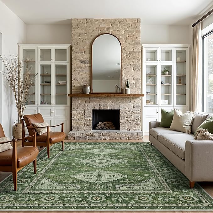 GENIMO Washable Rug 6X9 Area Rugs for Living Room Bedroom, Machine Washable Area Rug, Print Vintage Tribal Aesthetic Carpet, Low Pile Mat with Non Slip Rubber Backing, Distressed Green